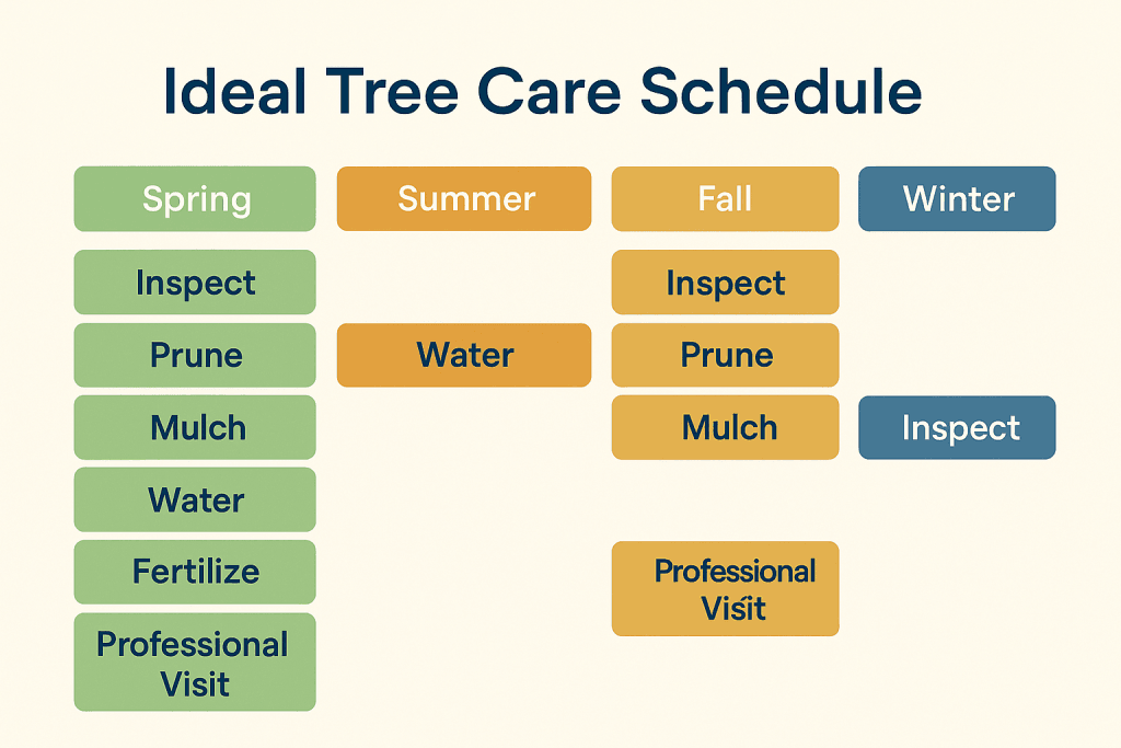 12-month seasonal tree care schedule showing ideal times for pruning, watering, mulching, fertilizing, and inspections.