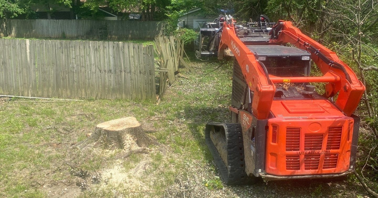 Tree service technician grinding roots near a sidewalk
