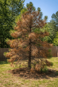 Drought-stressed pine tree with browning needles in a North Mississippi backyard