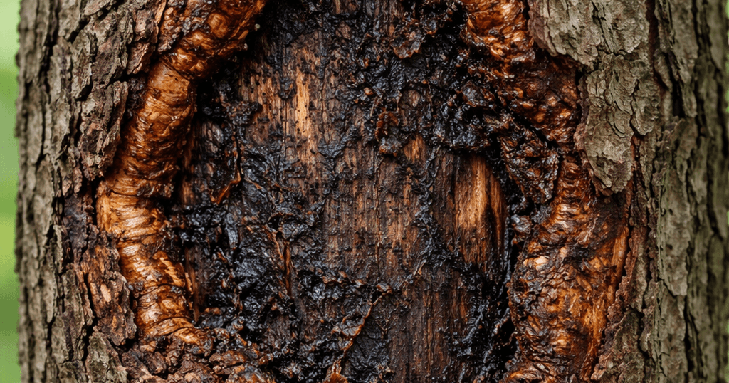 Canker disease on tree bark, showing sunken and damaged areas