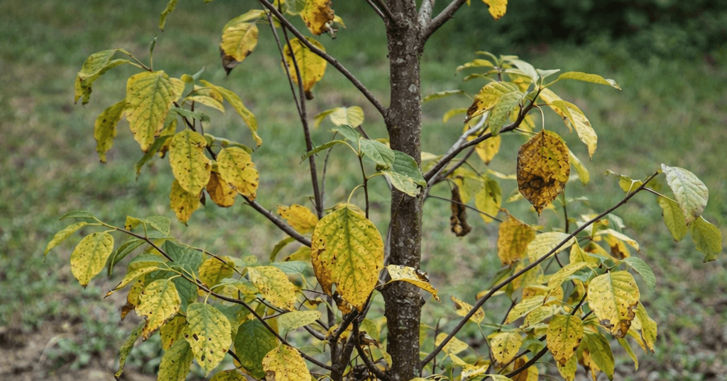 Tree showing poor growth and stress in heavy clay soil in North Mississippi