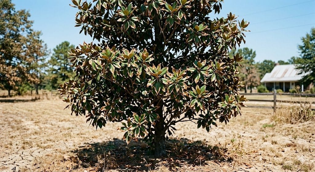 Image Alt Text: A Southern Magnolia tree in Mississippi showing marginal leaf scorch due to severe summer drought. 