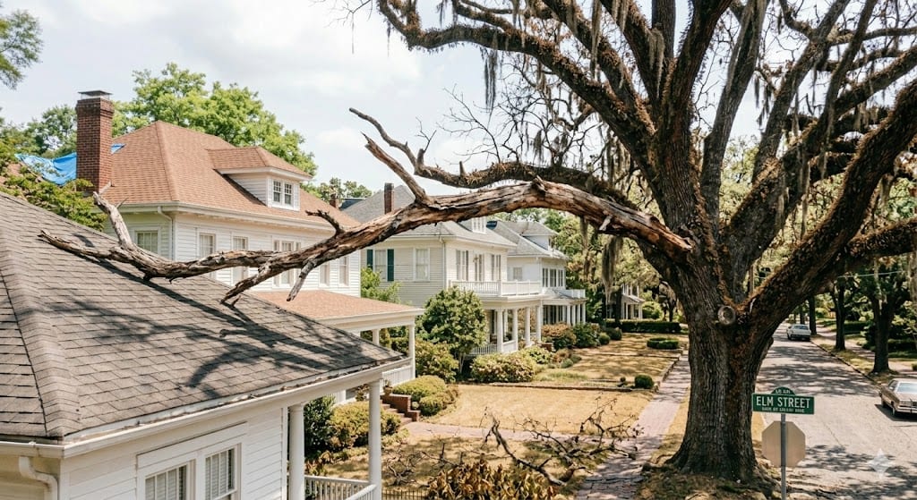 Large dead oak branch hanging over a residential roof in Tupelo, MS