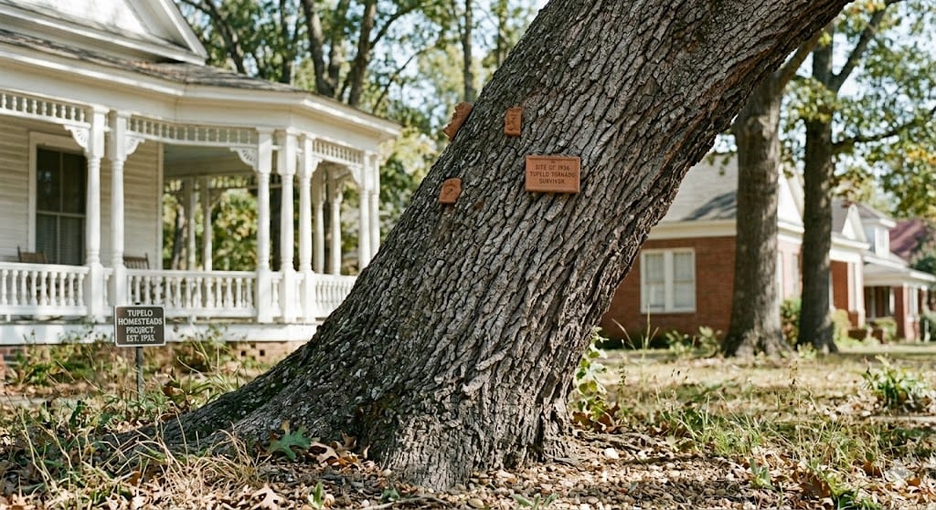 Leaning oak tree near home in Tupelo Mississippi