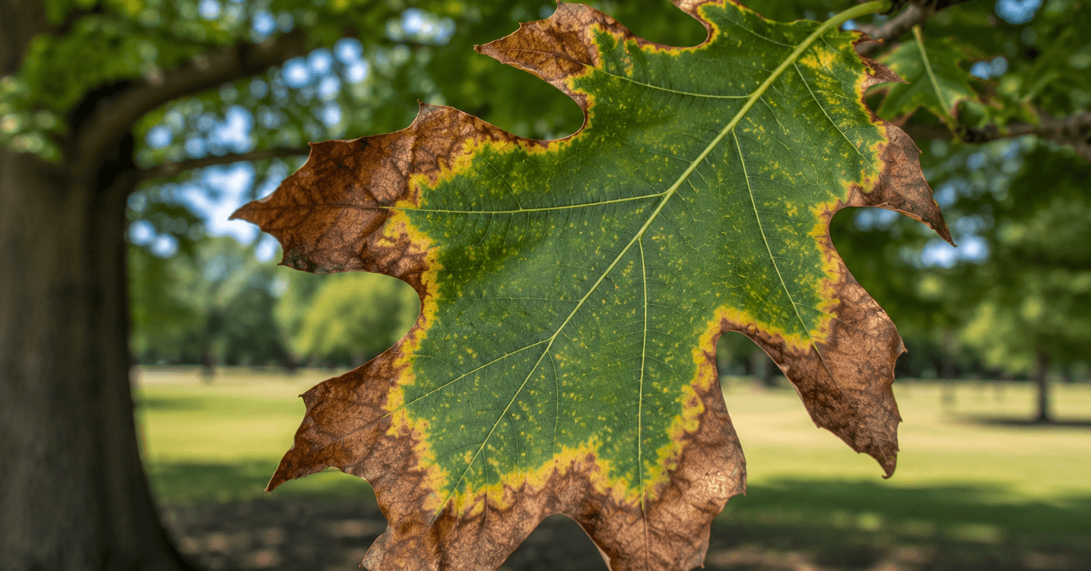 Red Oak leaf with brown scorched edges and yellow halo caused by Bacterial Leaf Scorch in Mississippi