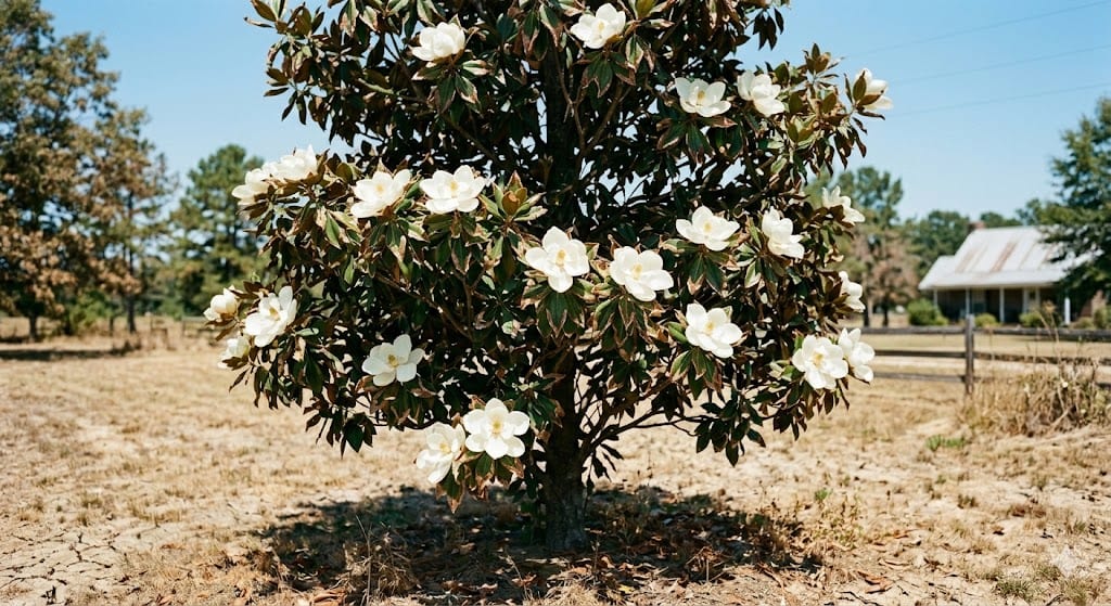 Southern Magnolia tree with large white blooms in a Mississippi landscape