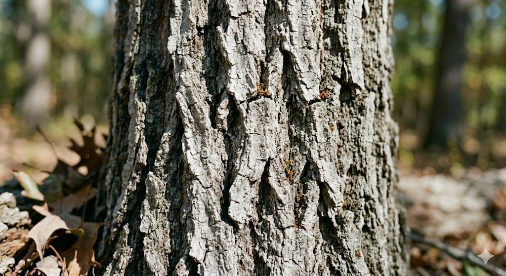 White Oak tree bark close-up showing light gray ridges