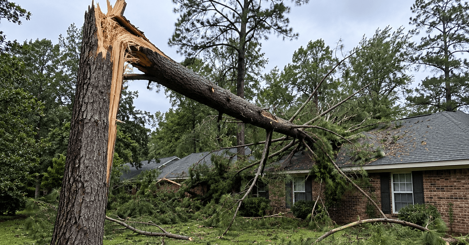 tall Loblolly Pine snapped in half after severe storm damage in North Mississippi residential yard