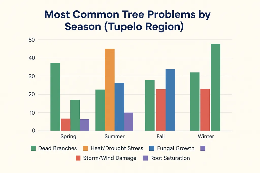Bar chart showing the most common seasonal tree issues in Tupelo, including heat stress in summer and storm damage in winter.