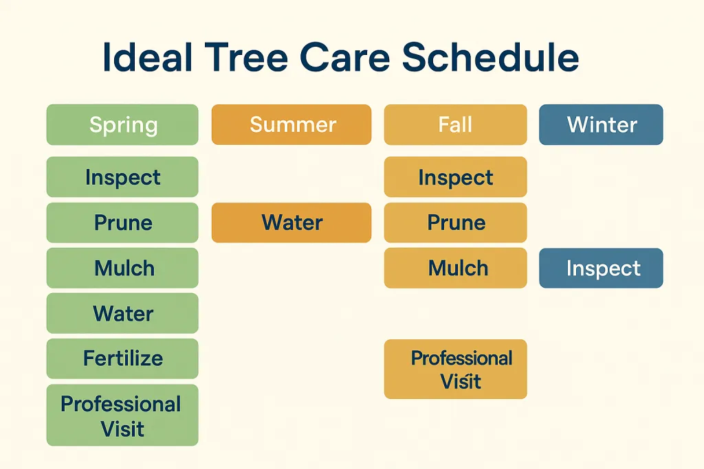 12-month seasonal tree care schedule showing ideal times for pruning, watering, mulching, fertilizing, and inspections.