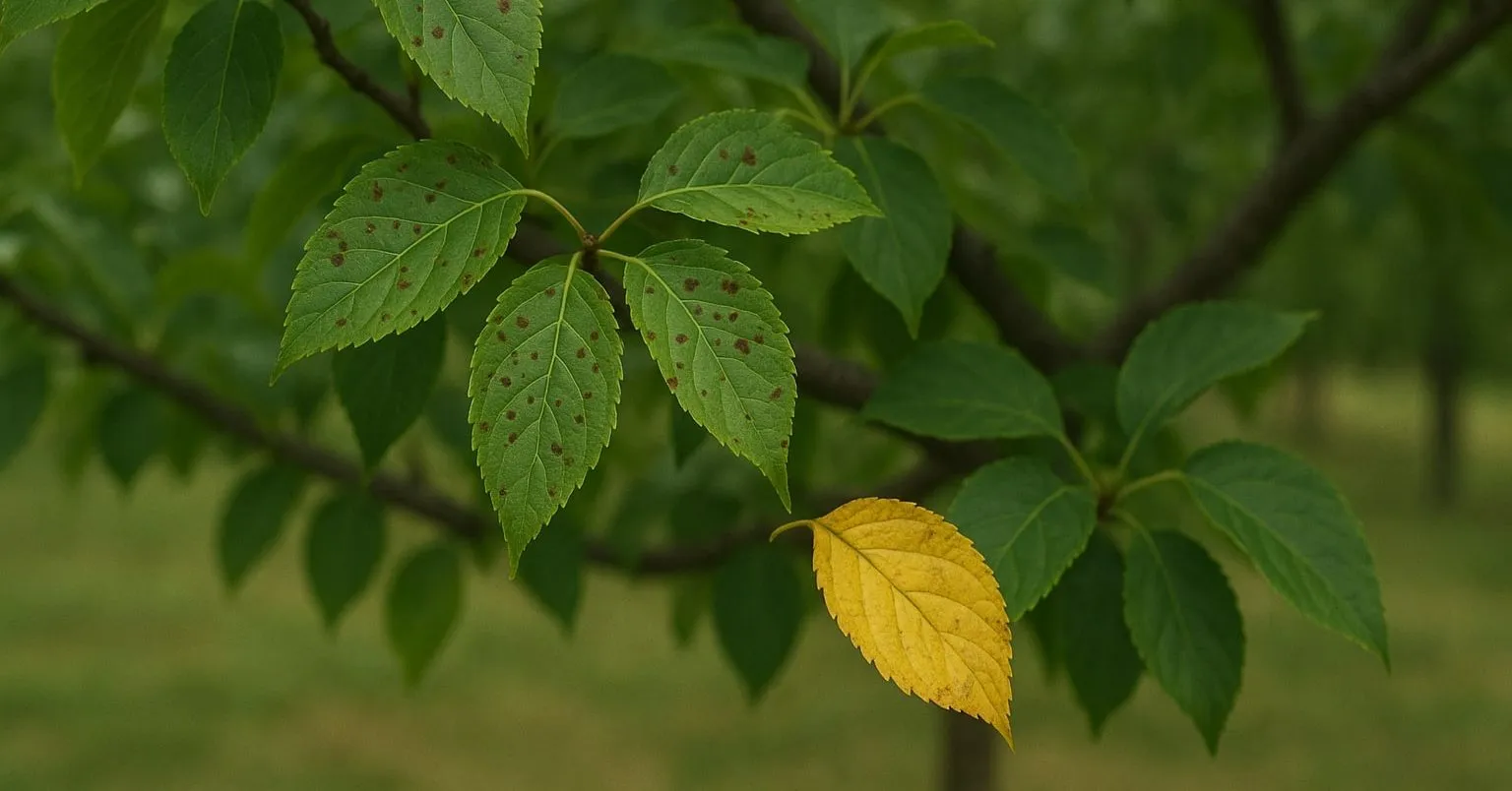 Close-up of a tree branch with green leaves showing brown spots and a single yellow leaf, indicating possible disease or stress.