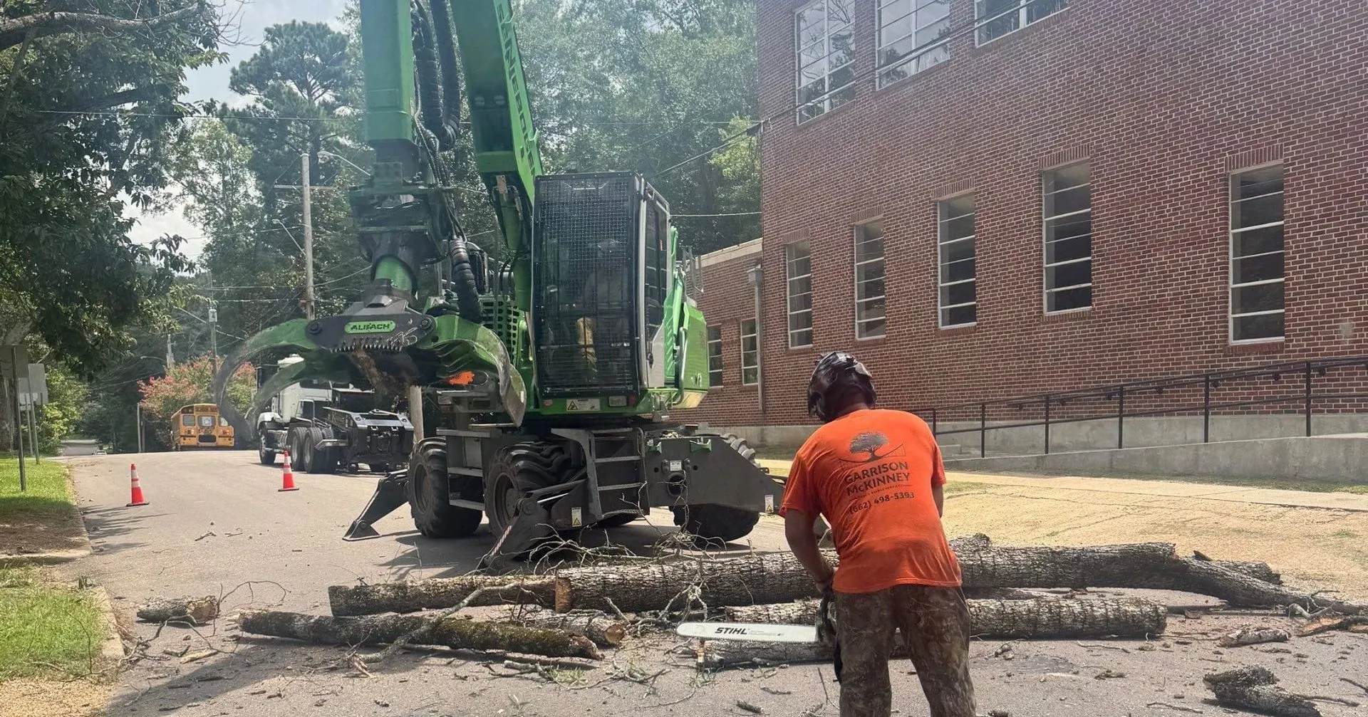 Crane-assisted tree removal service near overhead power lines in Mississippi