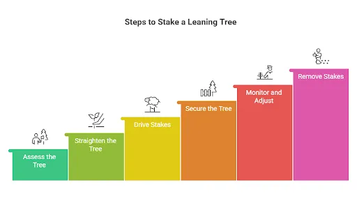 Step-by-step graphic showing the process to stake a leaning tree. The steps include: Assess the Tree, Straighten the Tree, Drive Stakes, Secure the Tree, Monitor and Adjust, and Remove Stakes. Each step is illustrated with simple icons and colored bars.
