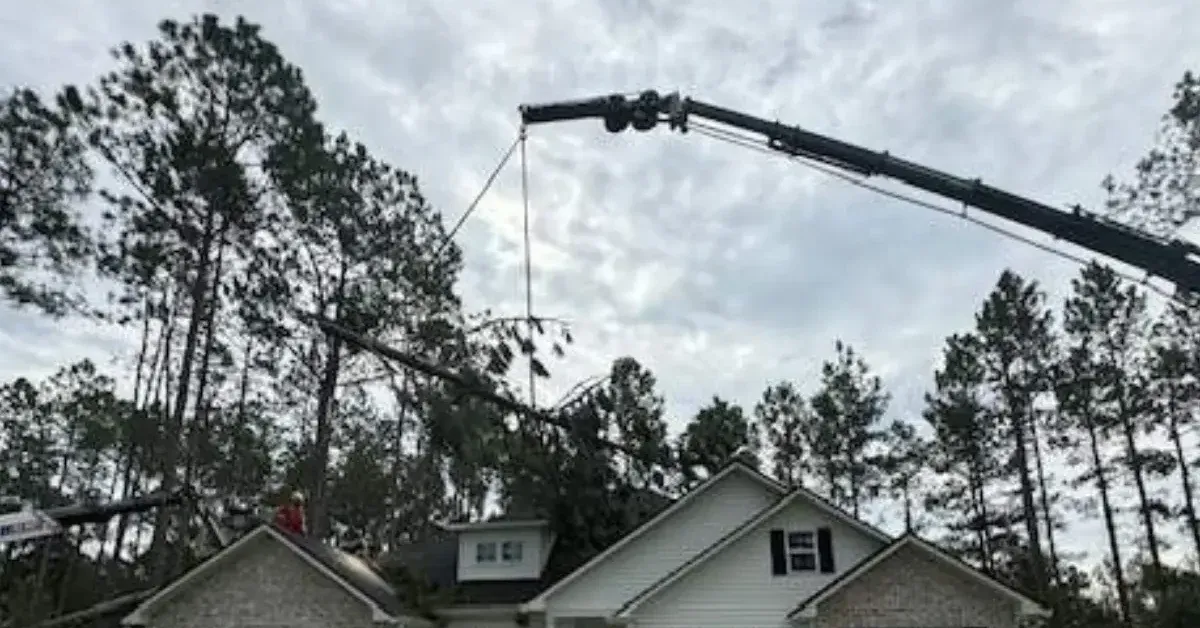 An arborist is inspecting the tree structure for storm damage risk in Tupelo